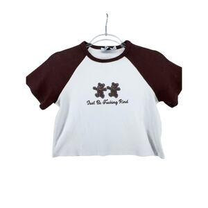 Mayfair Message Bear Graphic Crop Tee Brown White Raglan Stretchy LXL Aesthetics